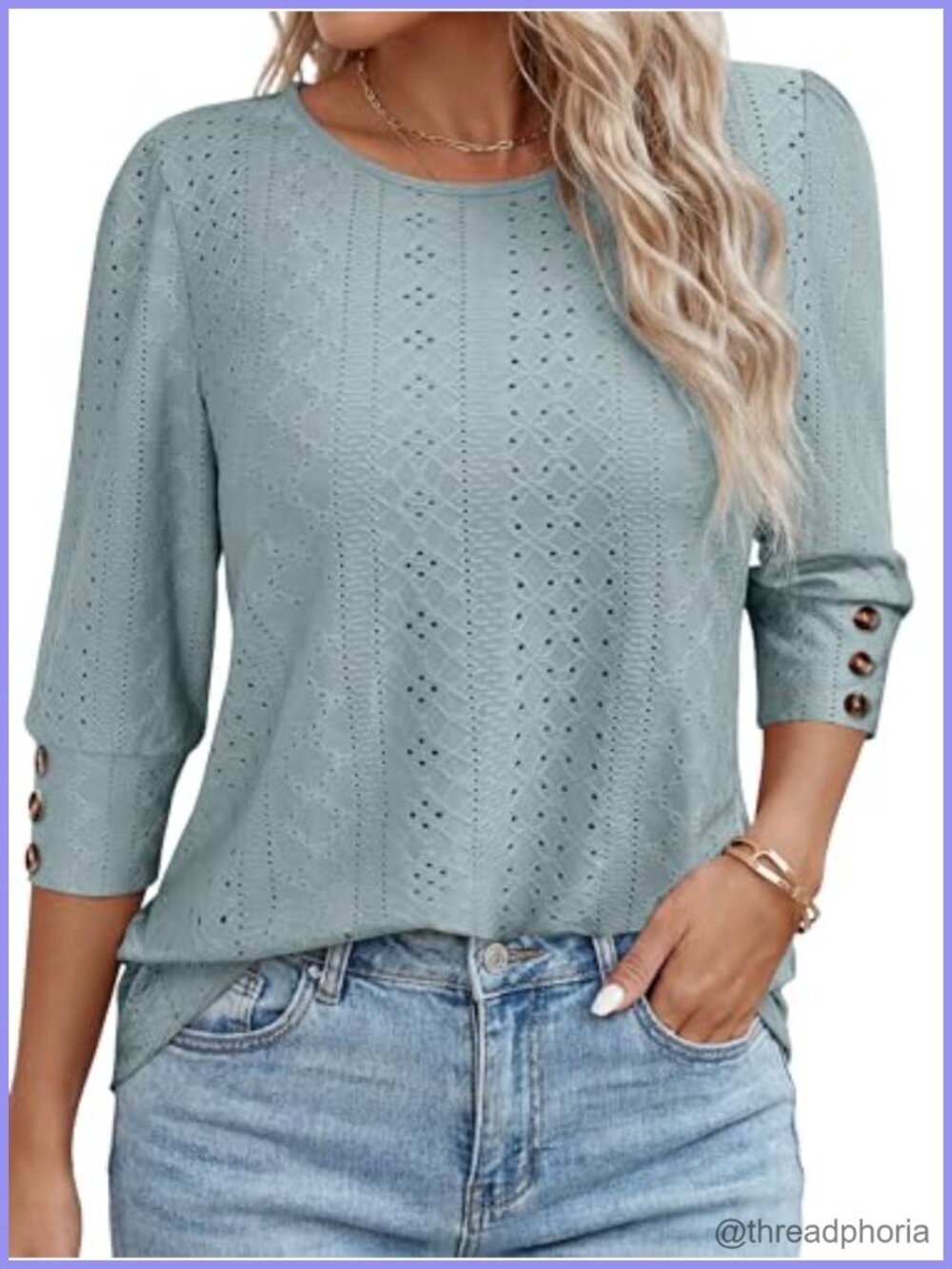 Womens 3/4 Sleeve Eyelet Blouse Business Casual Flowy Top